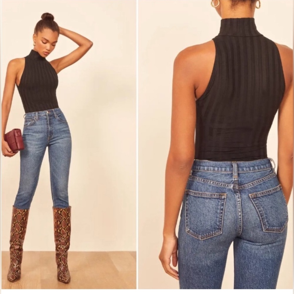 Reformation Black Ribbed Mock Neck Bodysuit